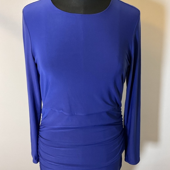 19. Spence Blue Ruched Long Sleeve Sheath Midi Dress Size Medium - Picture 2 of 6